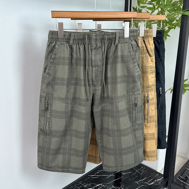 

Loose Pure Cotton Plaid Cropped Pants Men Summer New Trendy Brand Tooling Work Shorts Loose Casual Straight Breathable Pants Man