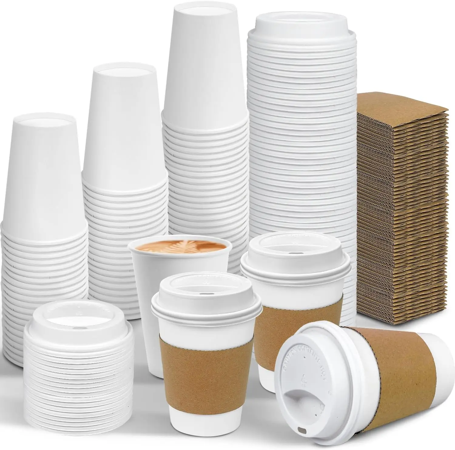 

100 Pack 12 oz Leak-Proof Coffee Cups with Lids and Sleeves Disposable To Go Hot Travel Paper Cups, Hot Chocolate, Cocoa