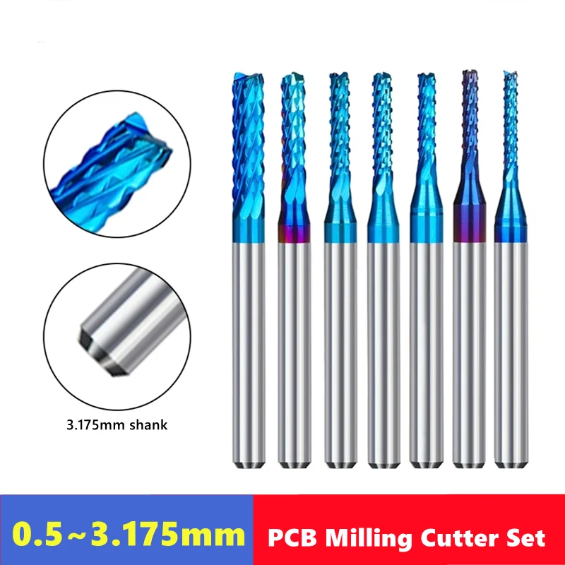 10pcs 0.5-3.175mm hard tungsten steel end mill 3.175mm  shank blue coating CNC router bit engraving edge milling cutter end mill