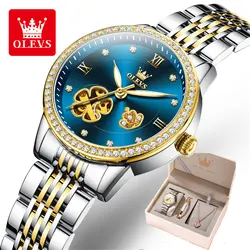 OLEVS Mechanical Watch for Women Flower Design Diamond Dial Stainless steel Waterproof Elegant Ladies Wrist Luxury Women Watch