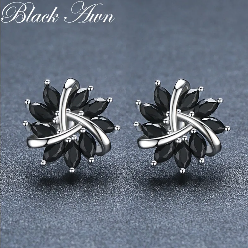 Black Awn Stud Earrings for Women Classic Silver Color Trendy Spinel Engagement Fashion Jewelry I252