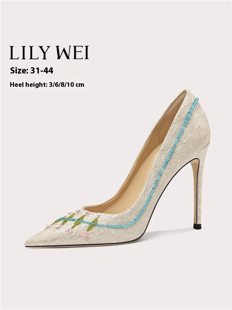 

Thin high heels spring and autumn pointed silk beaded embroidered sequin single shoes banquet large size small size women's shoe