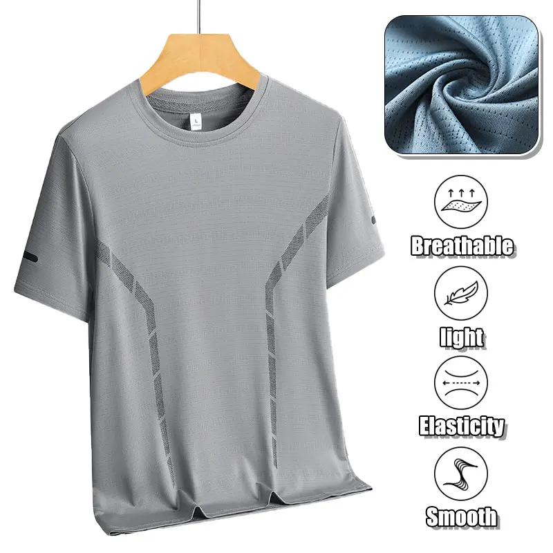 Herren Mesh Sport Kurzarm Sommer Marathon Reflektierender Streifen Locker Atmungsaktiv Fitness T-Shirt Herren Stretch Eisseide T-Shirt