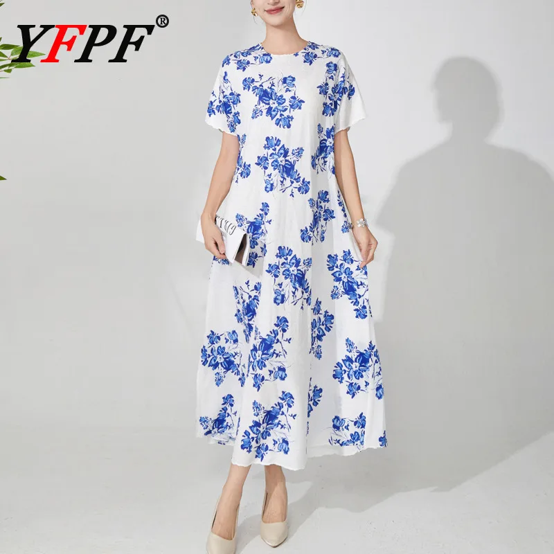 

YFPF летнее платье с цветочным принтом, женское модное плиссированное платье с коротким рукавом контрастного цвета, длинное платье трапециевидной формы, новинка 2025, одежда