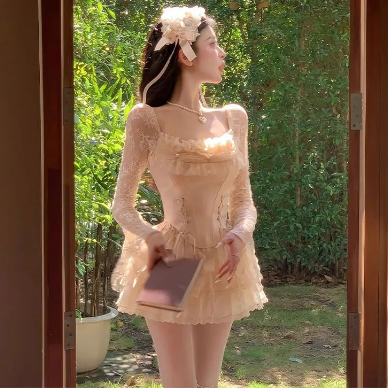 

Весенние комплекты из двух предметов с французским кружевом, женские наряды, модный дизайн, вдохновленная пышной юбкой-тортом и женские топы с роговыми рукавами