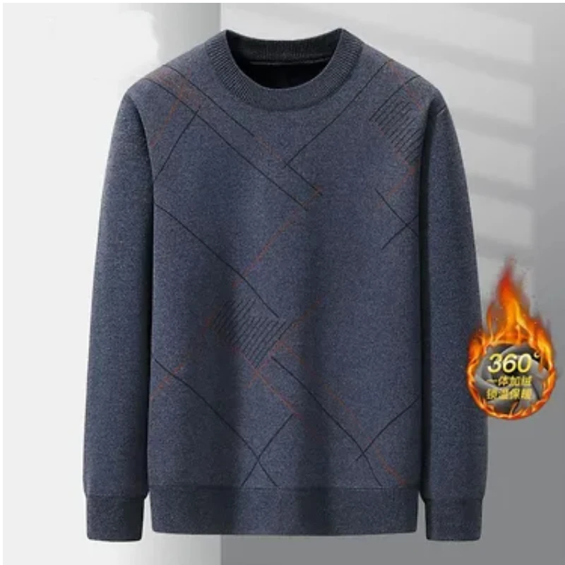 Men Round Neck Fleece Lined Sweater Autumn Winter Geometric Pattern Loose Knitwear For Middle Aged