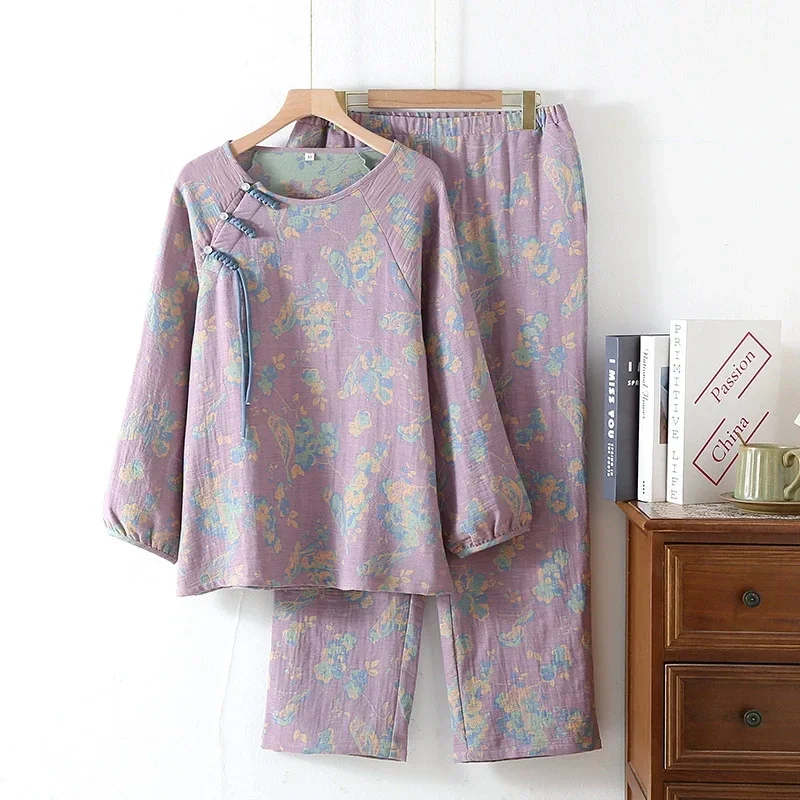 الصينية الرجعية نمط منامة المرأة الغزل مصبوغ طبقة مزدوجة الغزل Homewear الأزهار جولة الرقبة طويلة الأكمام السراويل ملابس المنزل