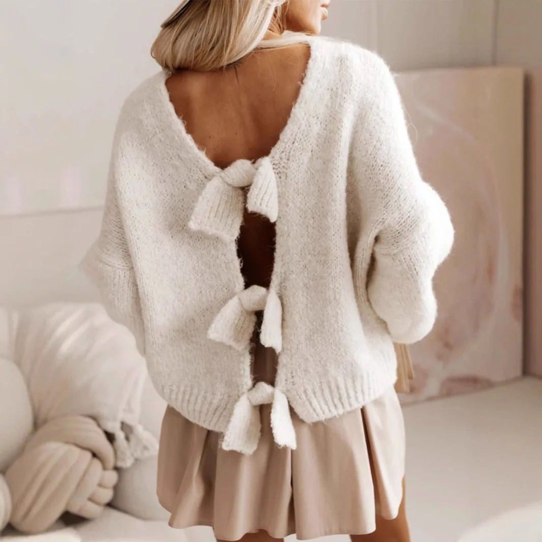 

Women's sweater pullover Bow tie Casual Retro autumn/winter loose long sleeved knitted shirt top basic