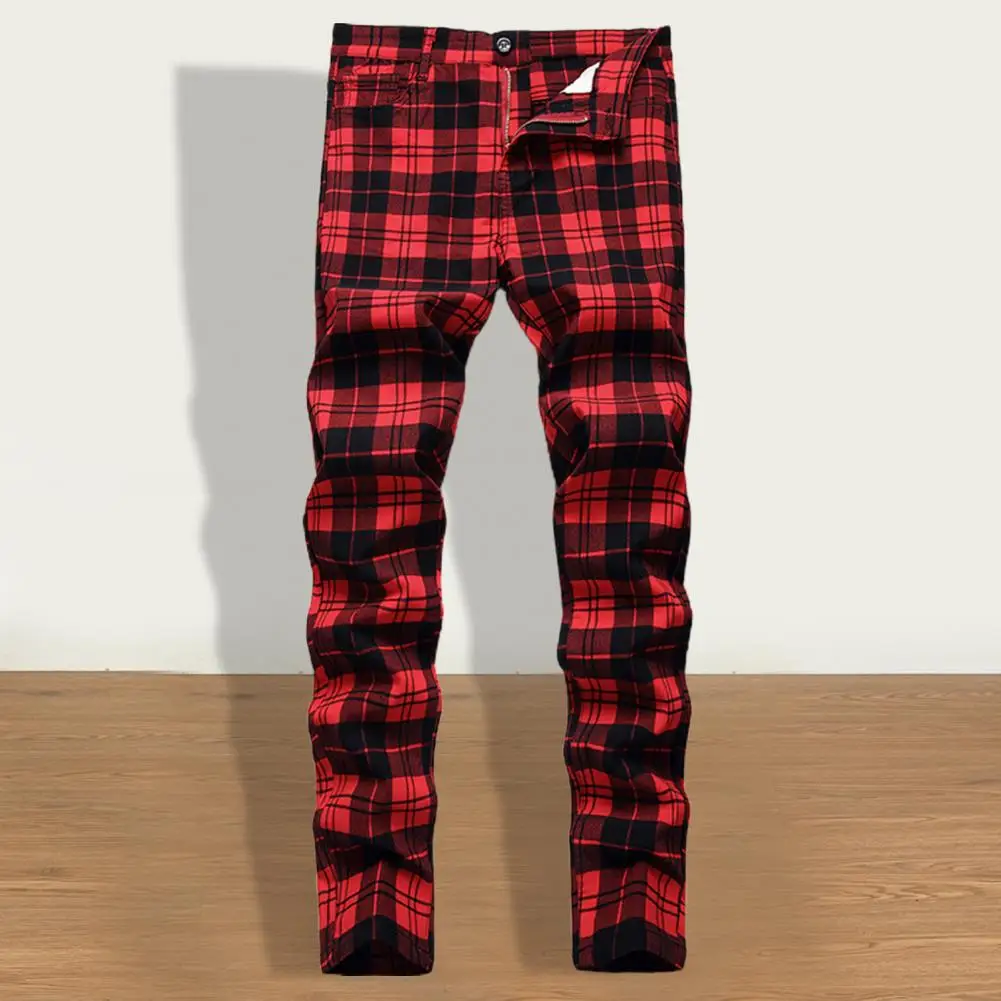 Men Button Zip Trousers Button Fly Slim Fit Plaid Print Wild Skinny Soft Full Length Men Red Plaid Printed Pants for Work