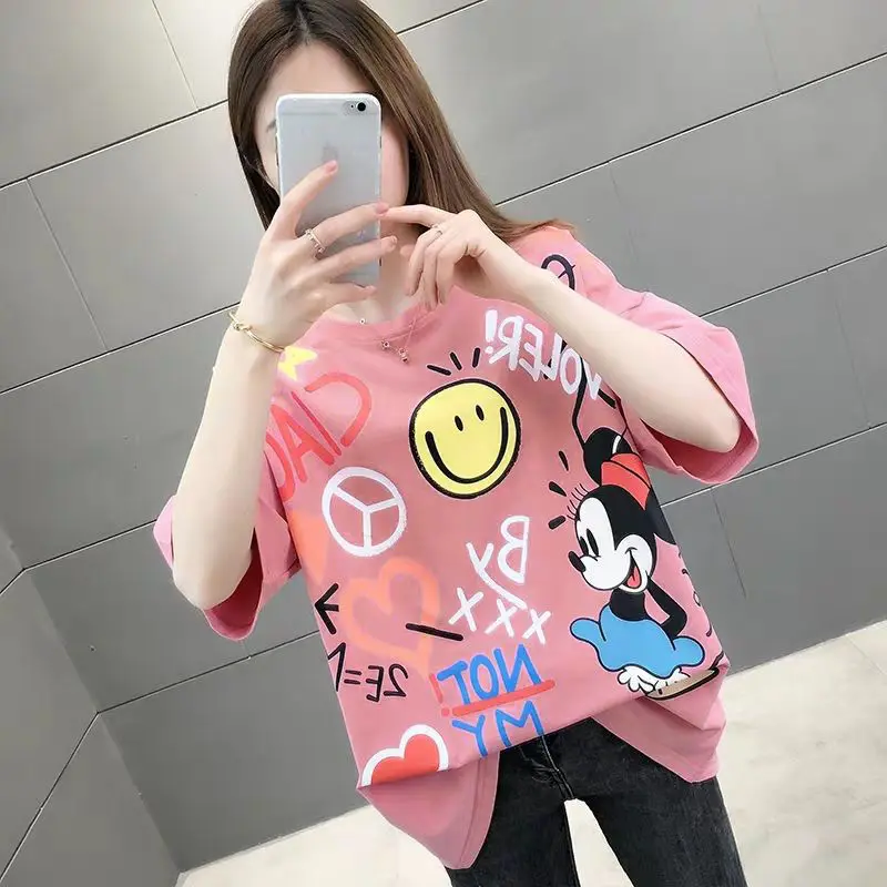 

Disney Cartoon T-shirt Cotton Oversize Cute Tops Loose Fitting Short Sleeved Mickey Mouse Shirt for Women Summer Korean Version