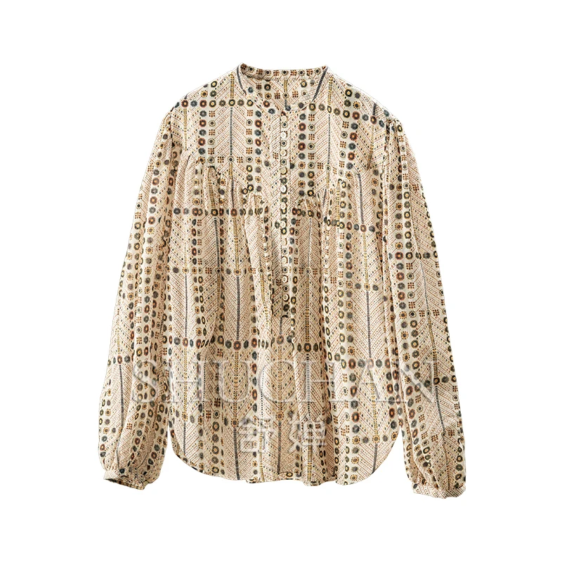 

New French Lazy Court Style, Design 100 High-count Cotton Printed Pleated Long-sleeved Shirt and Blouse Women 1Y41