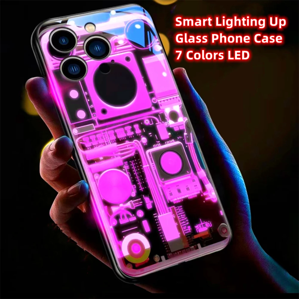 Cool Mechanical Slide Design Smart LED Light Glow Tempered Glass Phone Case For iPhone Air 17 16 15 14 13 12 11 Pro Max Plus view 6