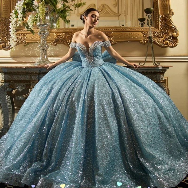 

Blue Shiny Quinceanera Dresses Off The Shoulder Beading Crystal Bow Tull Corset Party Birthday Sweet 16 Dress Vestidos 15 De