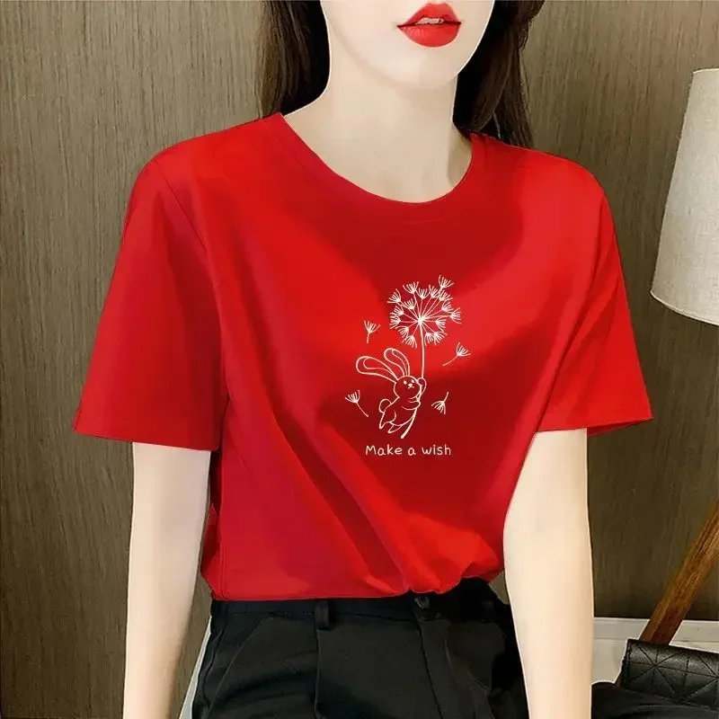 100% Cotton T-Shirt Women 2024 New Loose Trend Fashion Short-Sleeved Round Neck T-Shirt Casual Simple Korean Printed T Shirt