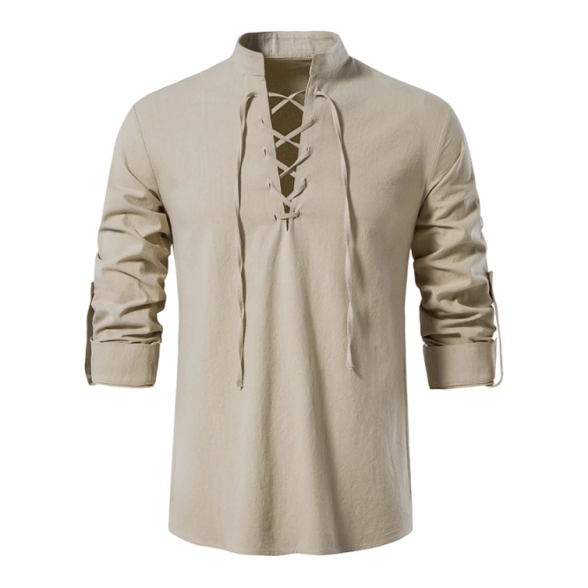 Camisa Masculina Retrô de Linho com Cadarço, Manga Longa, Gola Alta, Blusa Casual de Algodão e Linho, Estilo Medieval, Pirata, Viking, Renascentista, Cor Cáqui