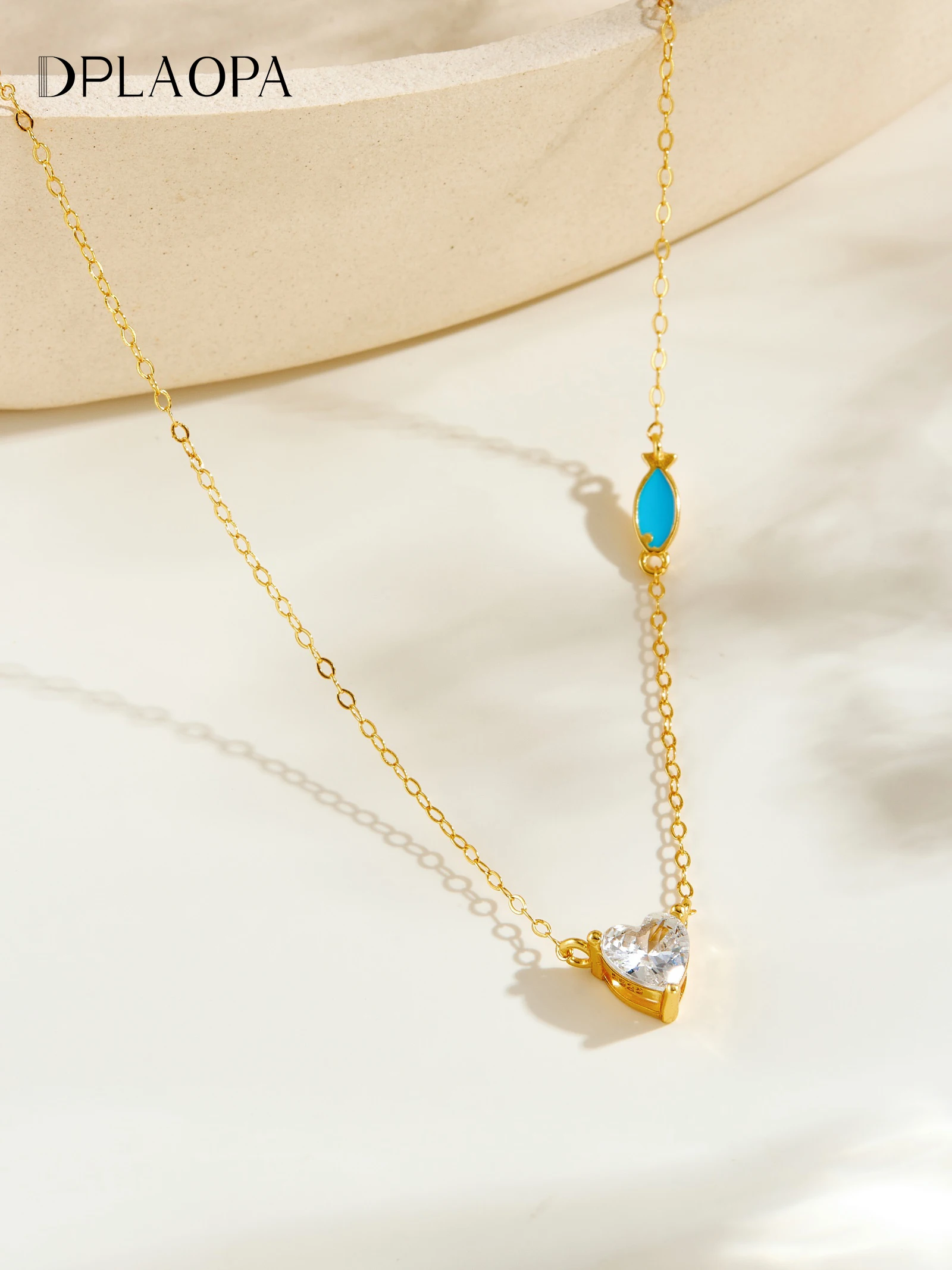 

DPLAOPA стерлингового серебра 925 пробы для женщин большое сердце прозрачный циркон кулон синяя рыбка ожерелье роскошные продвинутые изысканные юбилейные украшения