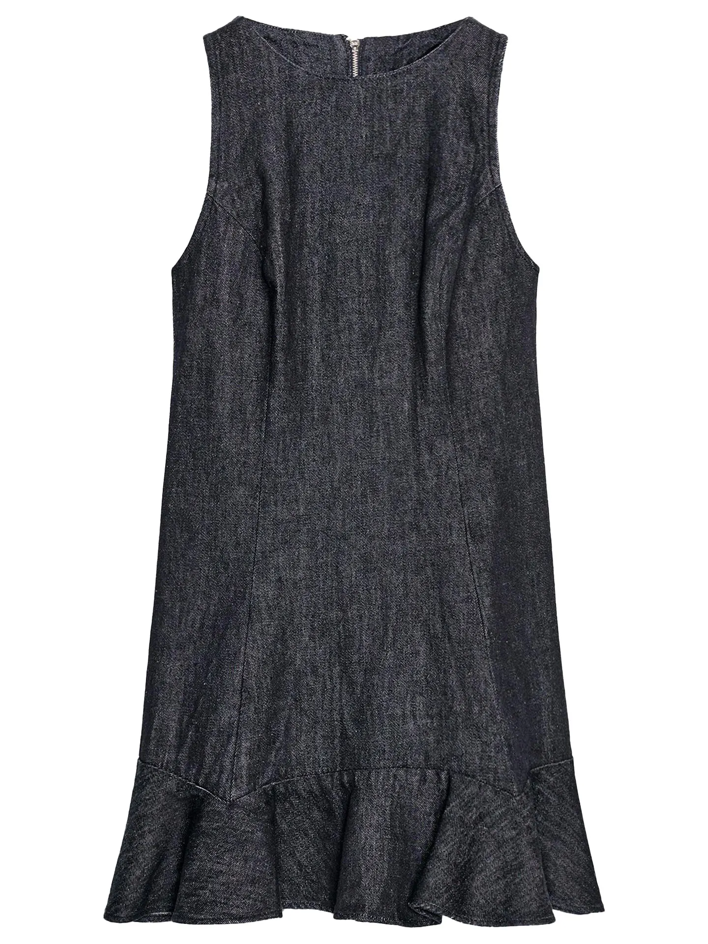 فستان قصير من الدنيم بدون أكمام وياقة مستديرة من ZAPRHA، مزين بطبقات، بأسلوب كاجوال، تنورة على شكل حرف A تناسب الجسم، مقاس صغ...