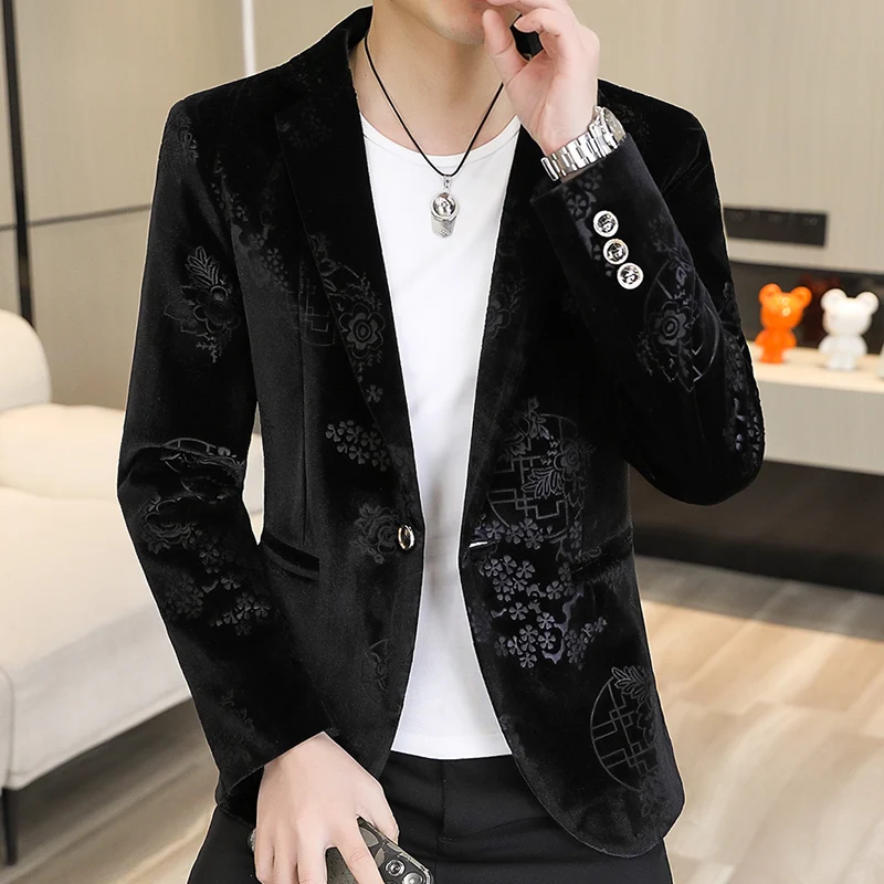 2024 Men\'s fine fashion handsome trend texture Korean version slim-fit velvet Chinese style simple comfortable casual suit