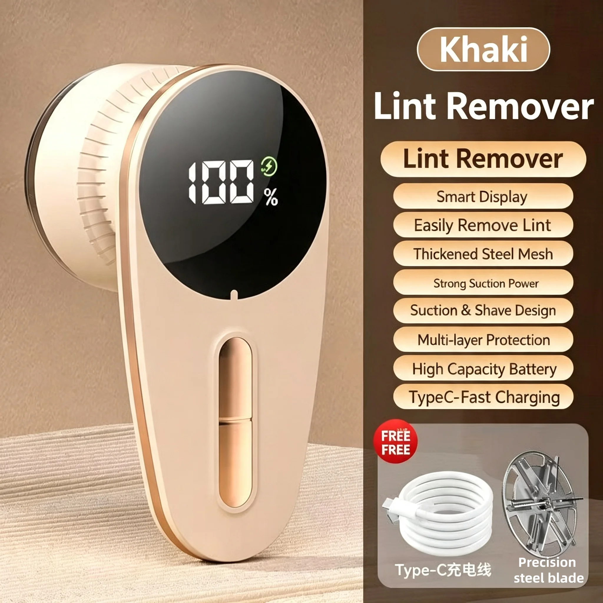 Digital Display Lint Remover, Type‑C Rechargeable 6‑Blade Fabric Shaver for Clothes