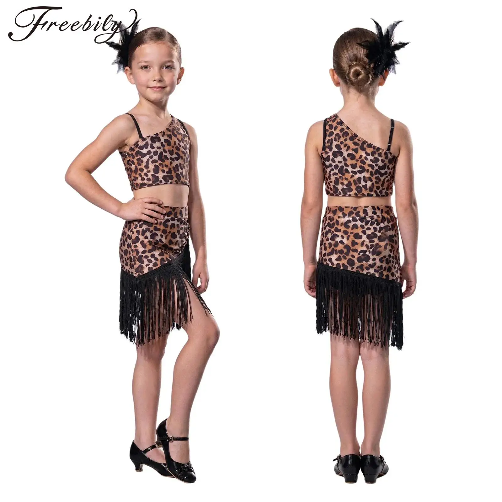 Kids Girls Tango Latin Ballroom Dance Costume Leopard Printed Crop Top with Irregular Tassels Skirt for Practice Performance
