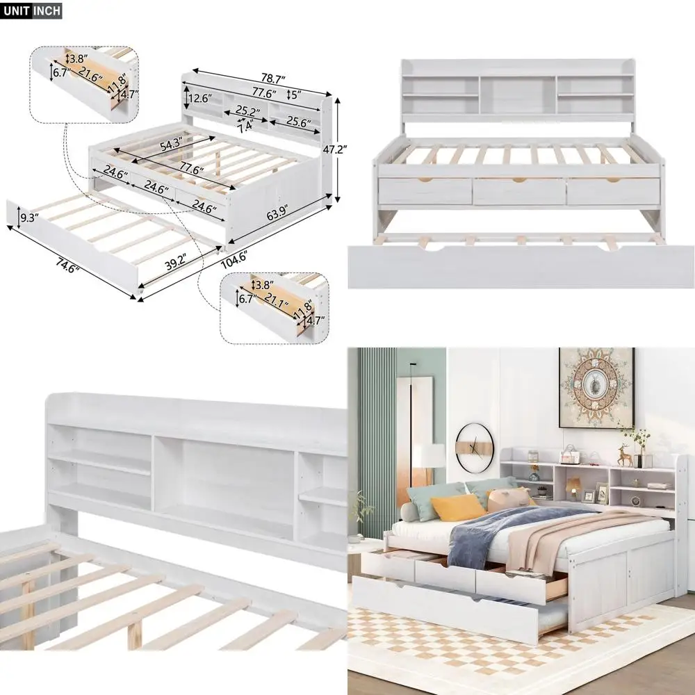

Solid Wood Daybed with Trundle, Bookcase, and Storage for Kids, White