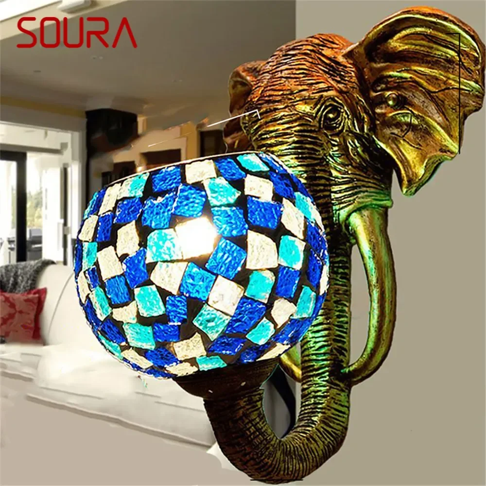 SOURA American Retro Elephant Wall Lamp Creativity Living Room Bedroom Bar Cafe Western Restaurant Aisle Decoration Wall Light