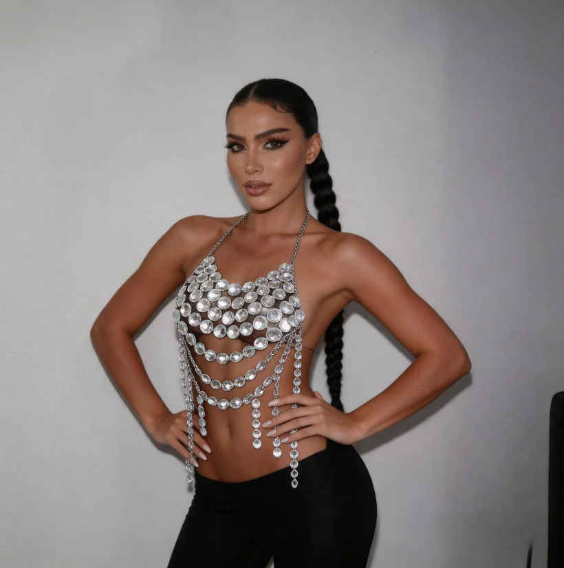 AKYZO European And American Acrylic Gemstone Tassel Splicing Vest Nightclub Hot Girl Performance Dress Sexy Strap