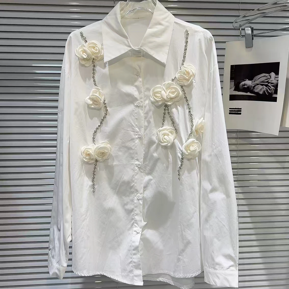 New In 2024 Autumn 3D Flower Diamonds Chain Embroidery Cotton Shirts and Blouses Woman Mid-length Fashion Tops Blusas Clothes