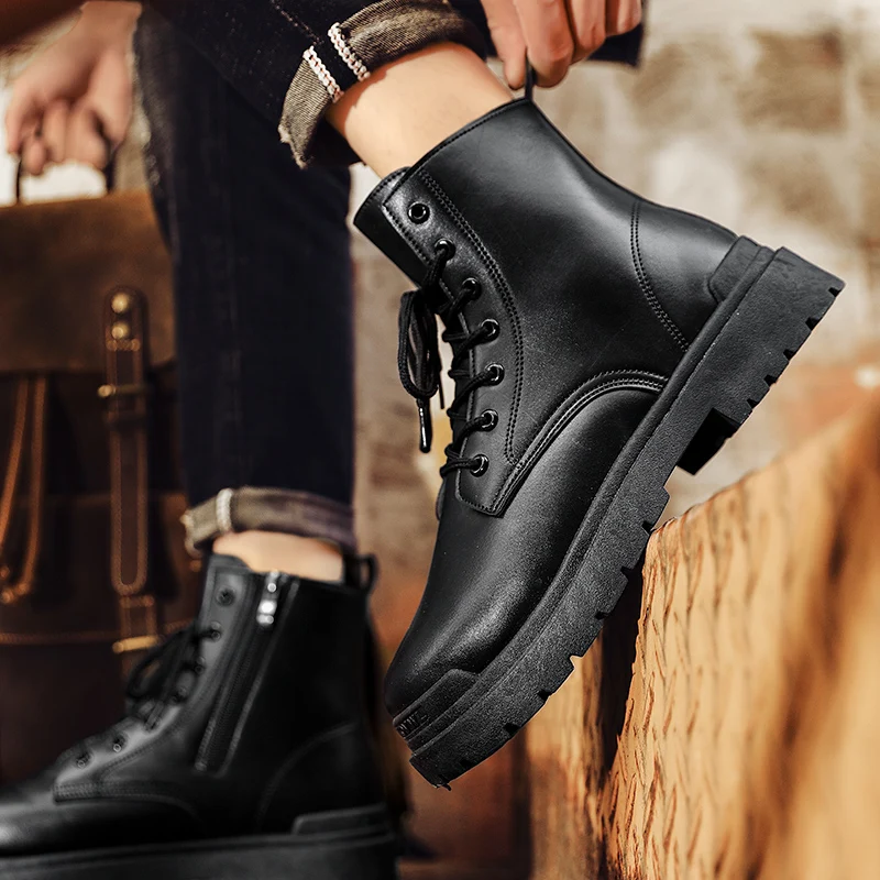 Men's High Top Boots Trendy Black Motorcycle Boots Outdoor Platform Boots Men Lace-up Leather Boots thick bottom Bota Masculina