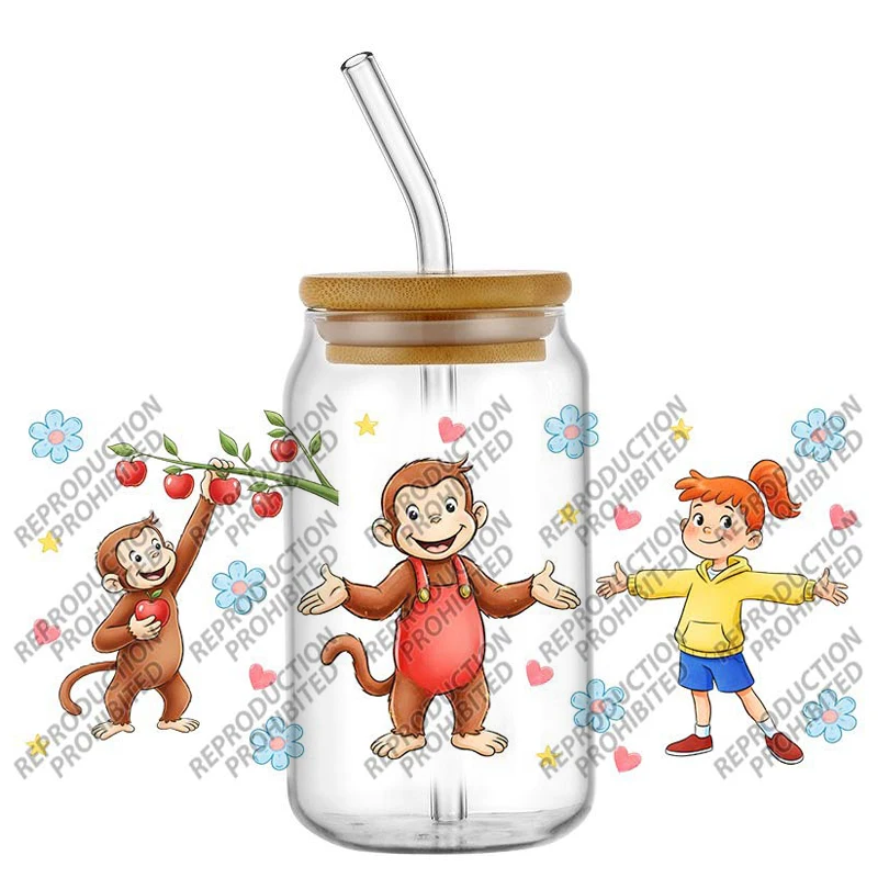 

New Product monkey cartoon Waterproof DIY Decals 3D Transfers Stickers 16oz UV DTF for Glasses cup Wraps