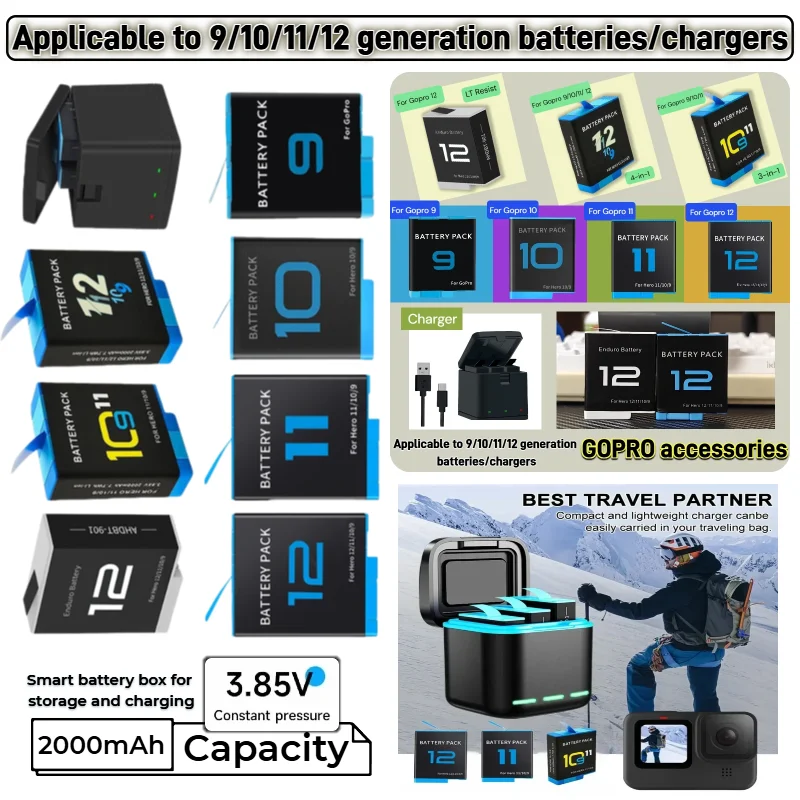 New 2000mAh High Capacity Li-ion Rechargeable Battery Pack with Fast Charger for GoPro Hero 12/11/10/9 Action Camera Accessories