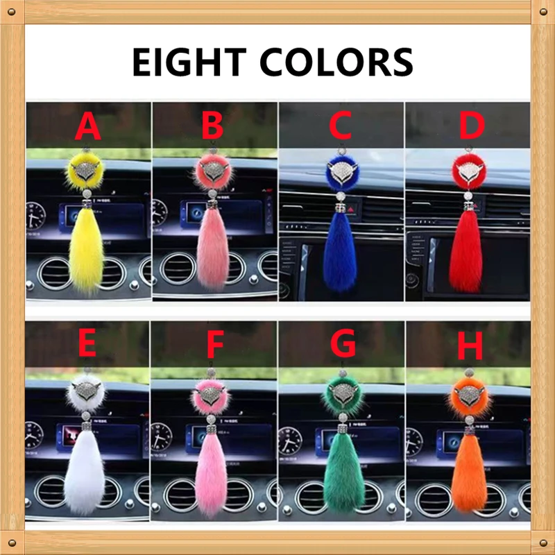 Plush Car Crystal Fox Cute Fur Tail Pendant Car Rearview Mirror with Diamond Hanging Pendant Bling Car Interior Fox Head Pendant