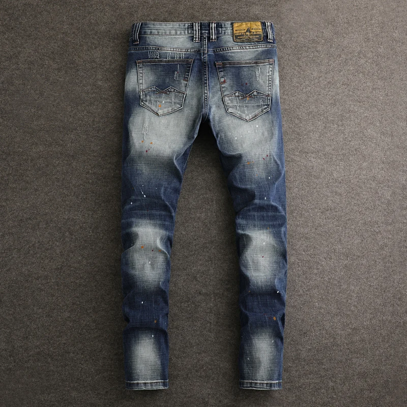 

Street Designer Fashion Men Jeans Retro Blue Stretch Slim Fit Painted Ripped Jeans Men Patched Vintage Y2K Denim Pants Hombre