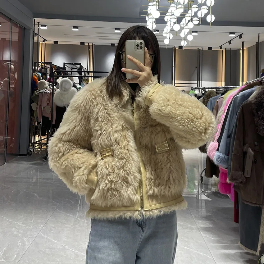 Janefur Winter Kurze Lammfell Mantel Verdickt Lamm Wolle Pelzmantel Weibliche Warme Weiche Schaffell Mantel Flauschigen JFB9-25012