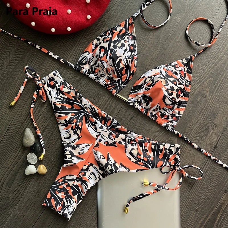 Para Praia Wrinkle Bikini 2023 Sexy Bathing Suit Women Thong Swimsuit Beachwear Halter Brazilian Bikini Push Up Swimwear Women