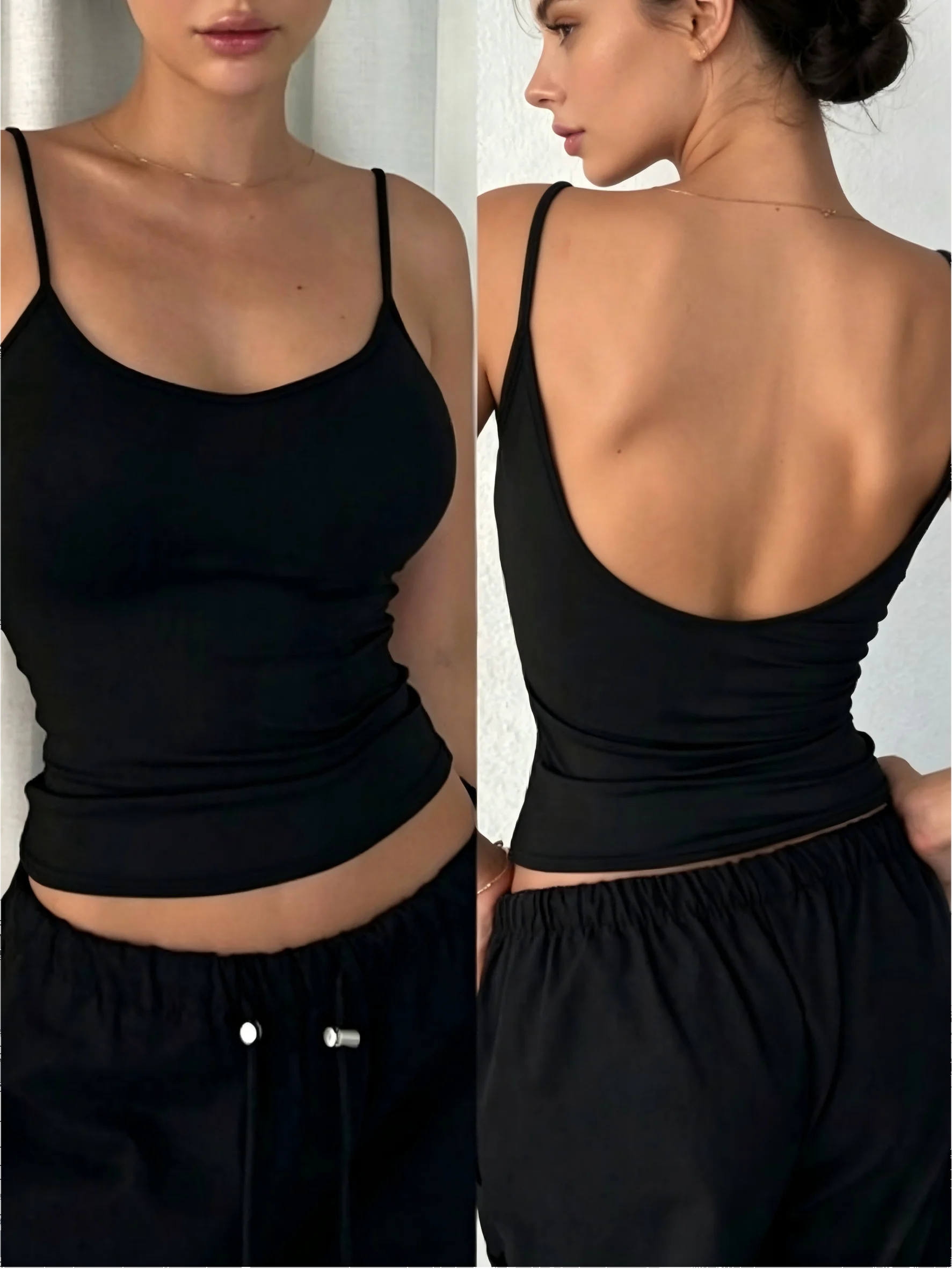 Women's U‑Back Thin Strap Cami Top Slim Fit Solid Basic Sleeveless Tank Top Casual Streetwear Summer Crop Camisole