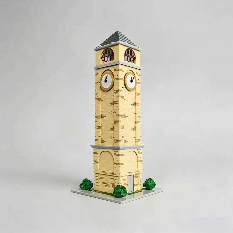 2850PCS Vintage Yellow Brick Tilted Clock Tower Custom Building Blocks MOC Model Desktop Display Collection Educational Toy Gift