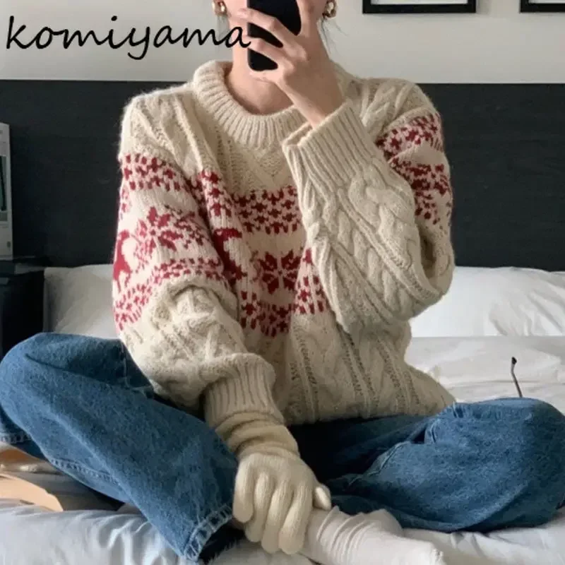 Komiyama Lovely Elk Sweater Women Hit Color Christmas Jacquard Knit Y2k Tops Long Sleeve Pullovers Spring Winter New Clothes