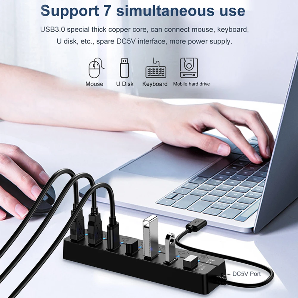 Hub USB 3.0 Hub USB 3 0 Splitter Multi USB usa adattatore di alimentazione Hub multiplo Expander 2.0 con interruttore per accessori per Laptop