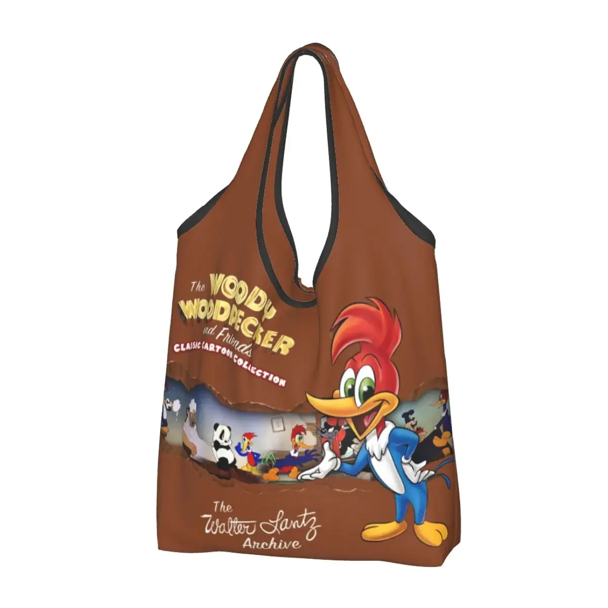 Custom Cartoon Woody Woodpecker Animation Groceries Shopping Bag Cute Shopper Shoulder Tote Bag Big Capacity Portable Handbag