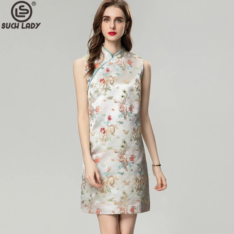 

Women's Runway Dresses Mandrin Collar Sleeveless Printed Vintage Short Vestidos