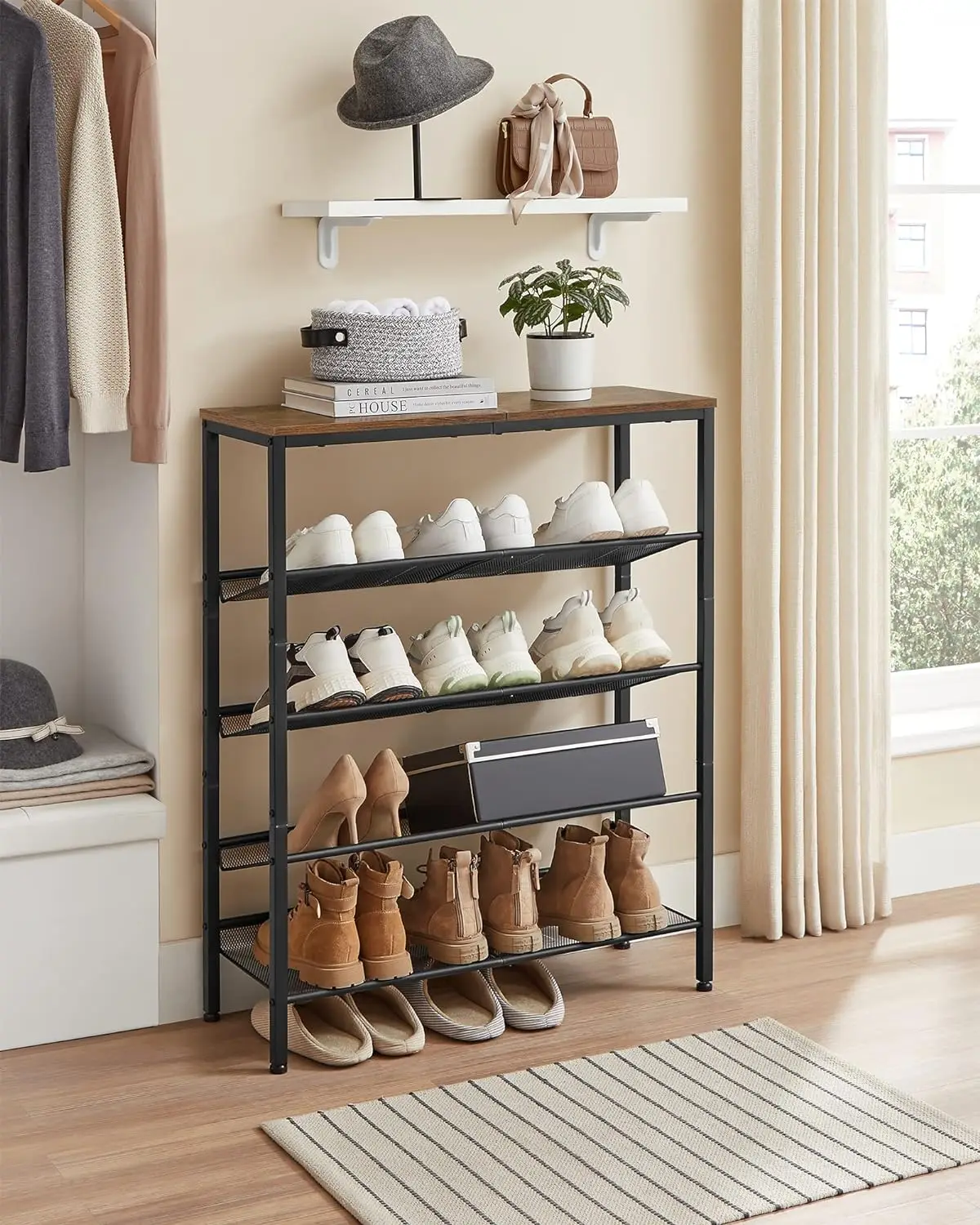 

Entryway Shoe Rack, 5 Tiers Shoe Organizer, Sturdy Wooden Top and Steel Shelf, 16-20 Pairs