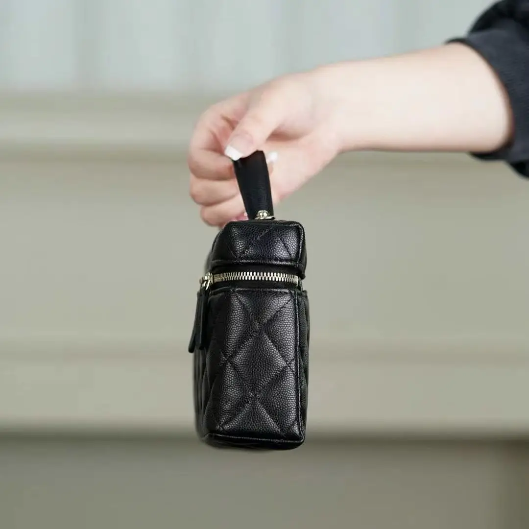 Black Grained Quilted Box Crossbody Bag, Top Handle Gold Chain Mini Cosmetic Bag