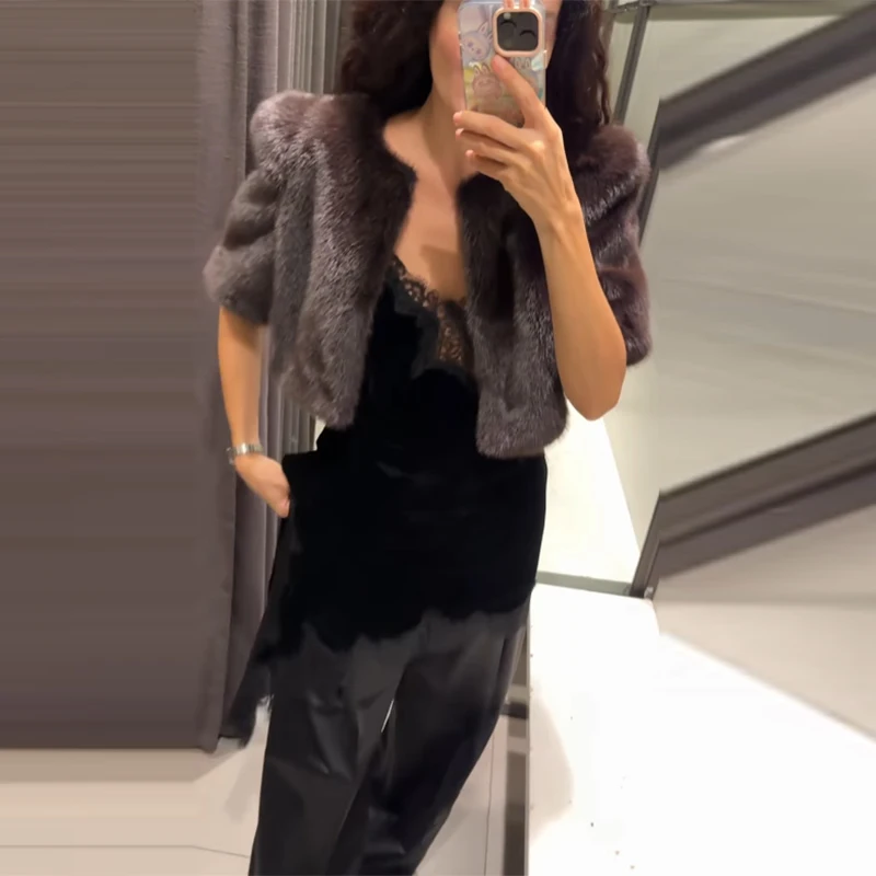 Elegant Purple High Waist Faux Fur Coats Women Chic Half Sleeve Round Neck Regular Shoulder Thicken Jacket New Female Party Wear