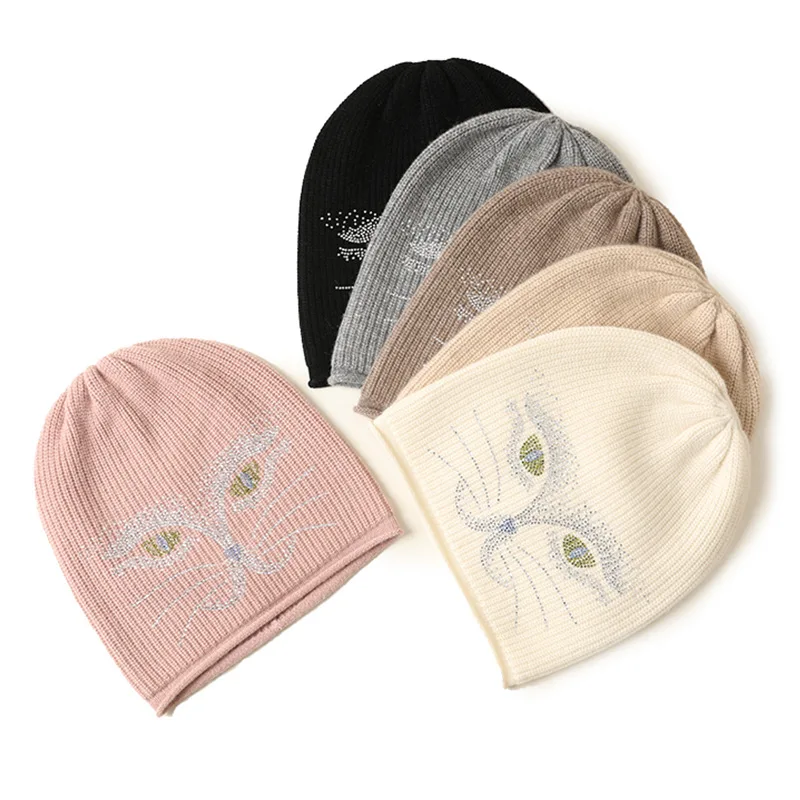 

25New style 100 cashmere hat women Rhinestone Cat Face Design rolled edge warm winter round top new style