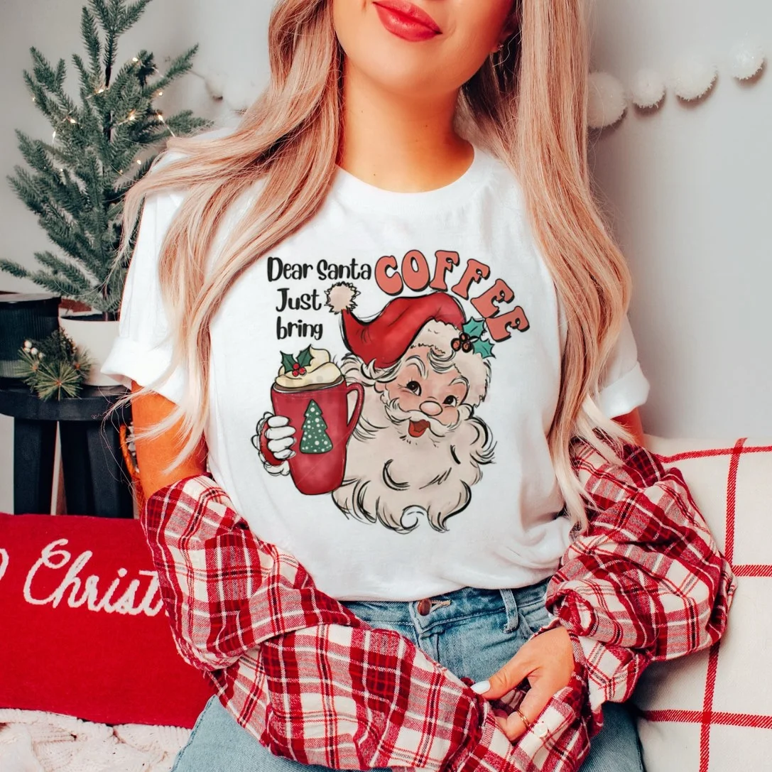 Dear Santa Just Bring Coffee Printed T-Shirt Round Neck Top 90s Casual Style Women's Cartoon T-Shirt New Year Printed T-Shirt