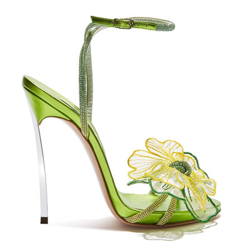 Spirulina-Coloured Rhinestones Organza Flowers Steel Heel Sandals Woman Summer 2023 Wisteria-Coloured Rounded Straps High Heels