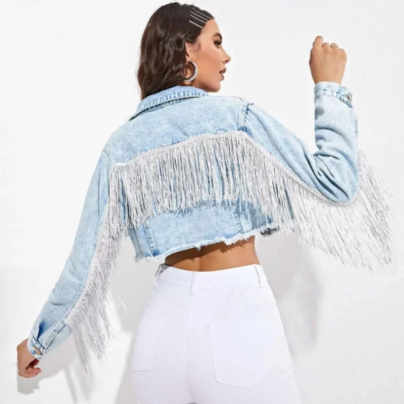 Cowboy Jacket Women's Fashion Tassel Stitching Sexy Ripped Denim Coat Retro Casual Short Long Sleeve Streetwear Jean Jacket