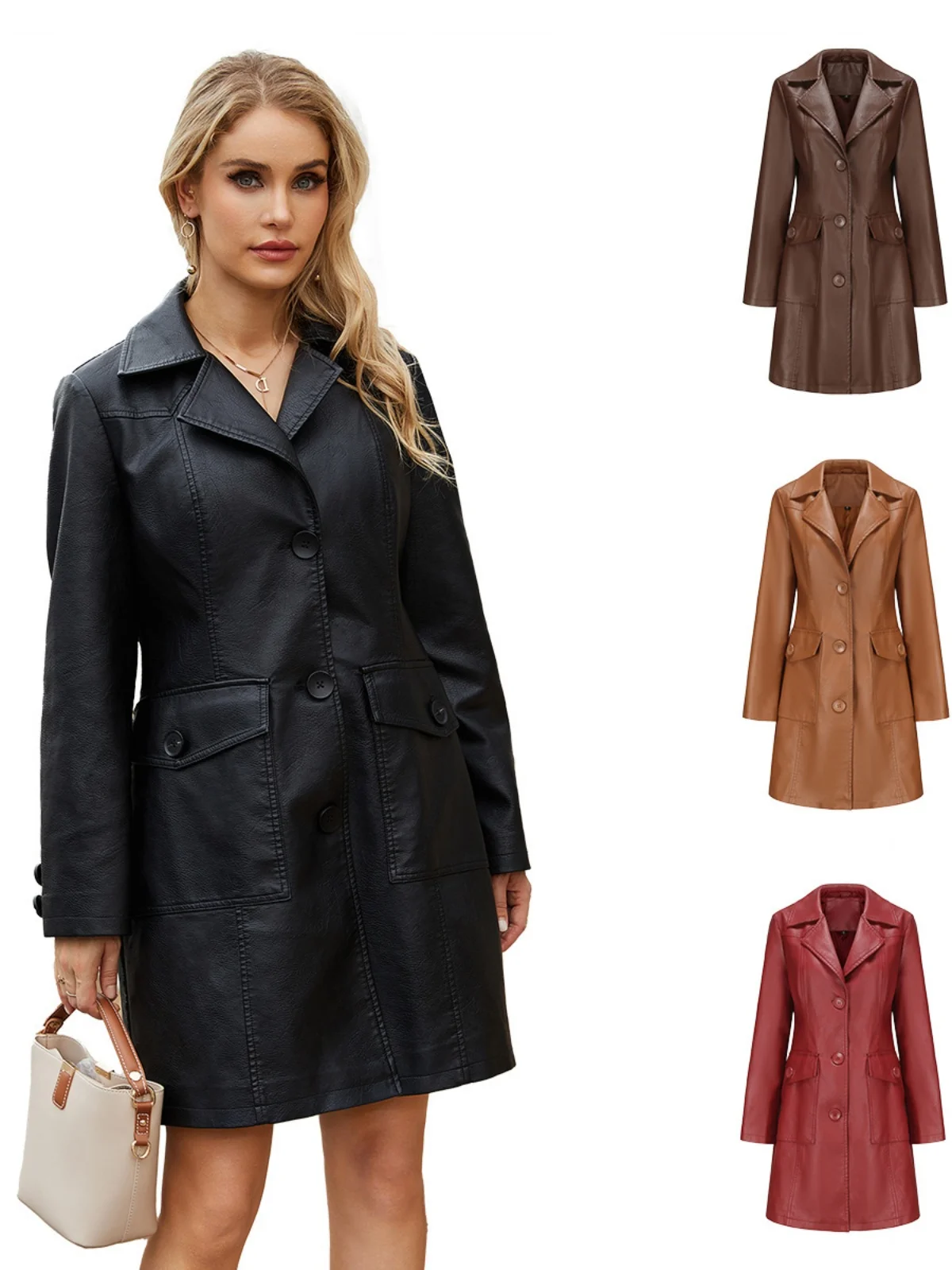 Abrigo largo de cuero Sve Jaet Briti Sle con cuello vuelto, cortavientos de cuero PU con un solo botón, prendas de vestir exteriores Faion para mujer