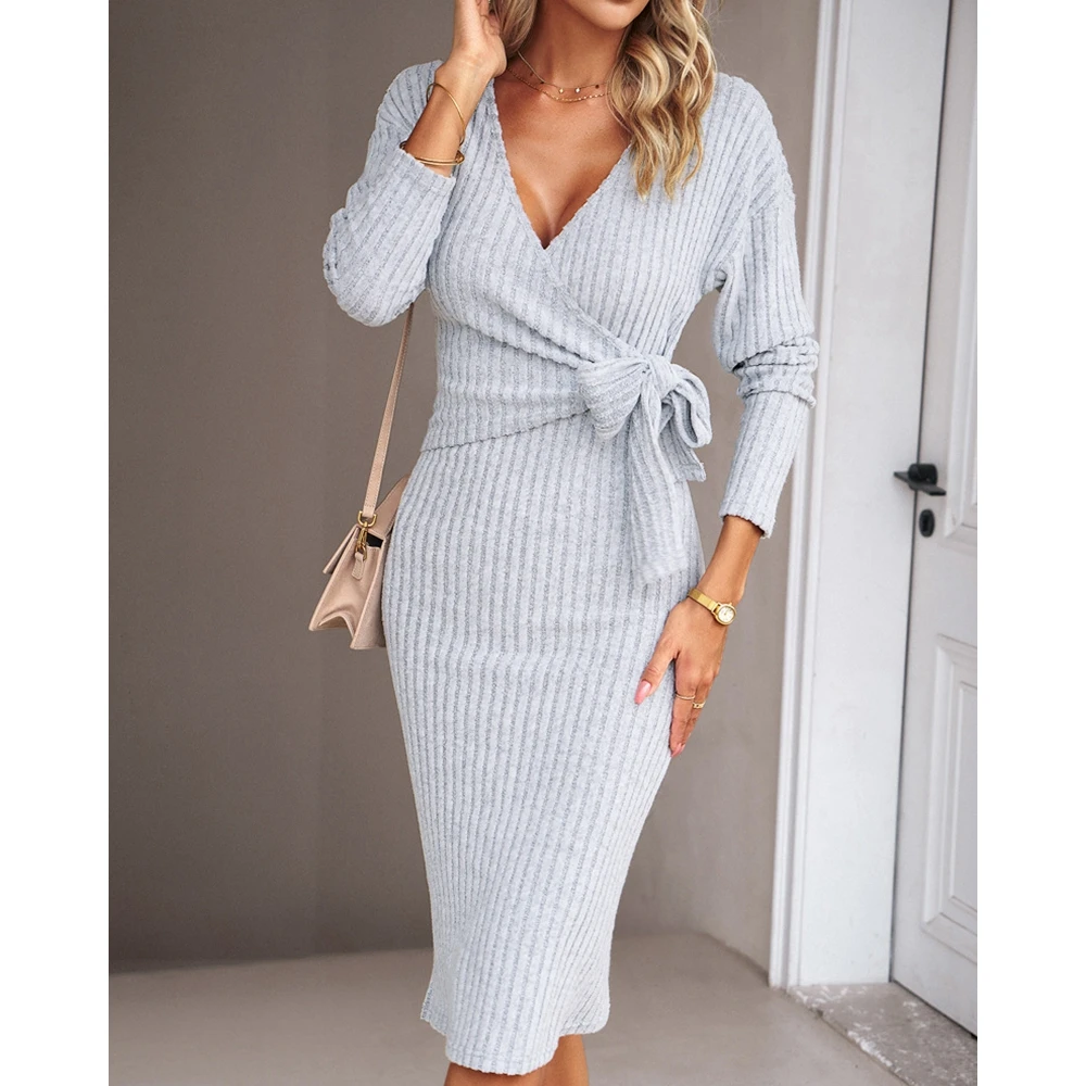 

Autumn Women Solid Color Long Sleeve Overlap V Neck Bodycon Knited Dress Bandage Design Midi Dress Outfits Lady Streetwear